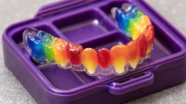 Clear dental aligner featuring a vibrant spectrum of colors rests inside a purple plastic case