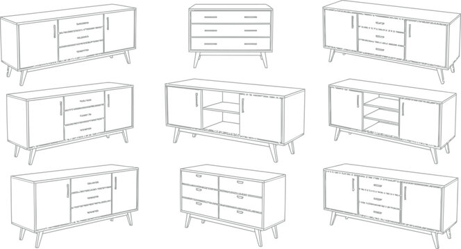 Collection of mid-century modern sideboard and dresser illustrations in line art style with various drawer and door configurations