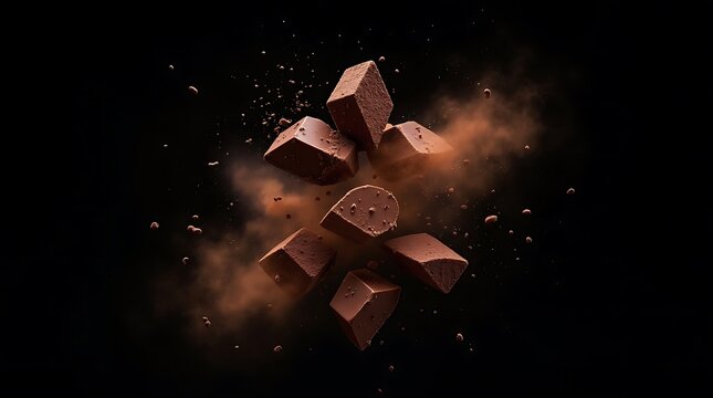 Dark chocolate pieces breaking apart mid-air with flying cocoa powder particles, high-speed food photography, dramatic black background, luxury confectionery advertising style, ultra realistic, no peo
