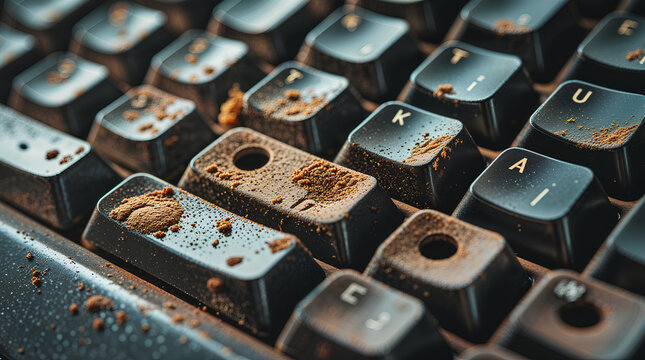 Close-up macro shot of a very dirty and dusty computer keyboard with crumbs and debris accumulated on the keys.