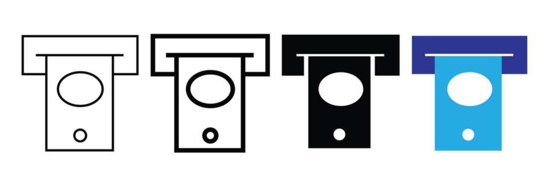 ATM card slot icon set, bank terminal insert card symbols, 4 flat vector cash machine signs