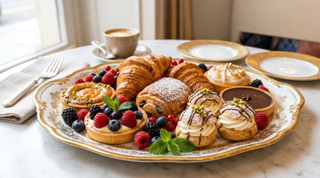 Gourmet pastry on an elegant, gold trimmed serving platter with assorted croissants, tarts, and cream puffs. Elegant assortment includes berries