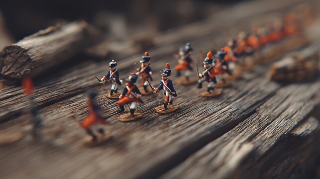 Miniature historical soldiers marching on a wooden surface