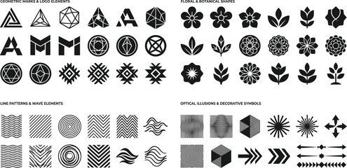 Diverse collection of geometric floral and abstract vector design elements © Universal Icons Lab
