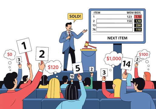An auctioneer and bidders in a lively bidding scene