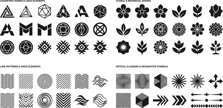 Diverse collection of geometric floral and abstract vector design elements