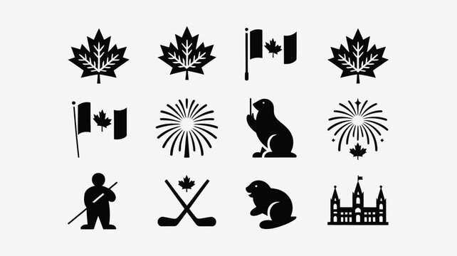 Canadian themed icon set including maple leaves beaver silhouettes and sports equipment.