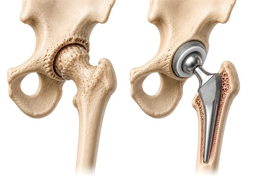 Hip Osteoarthritis Versus Total Hip Replacement Comparison, Realistic Orthopedic Anatomy Medical Illustration