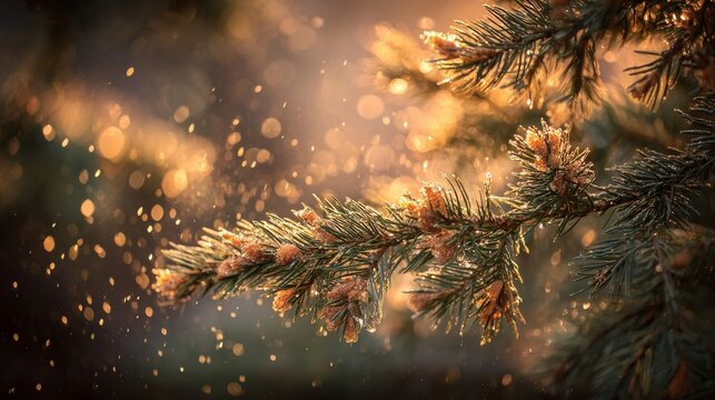 Pine Branch Covered in Sparkling Snow and Golden Bokeh Lights