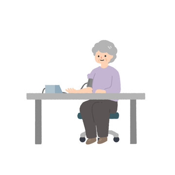 血圧を測定する高齢女性のイラスト / Illustration of an Elderly Woman Measuring Her Blood Pressure