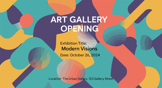Colorful abstract shapes and text announcing an art gallery opening