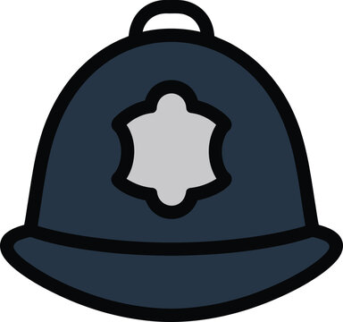 Flat of a traditional british police helmet, dark blue dome-shaped hat with a light gray badge emblem on a white background