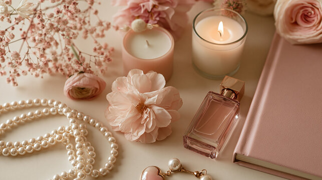 Elegant journal with pearl accessories perfume candle and flowers on cream background for self worth confidence manifestation