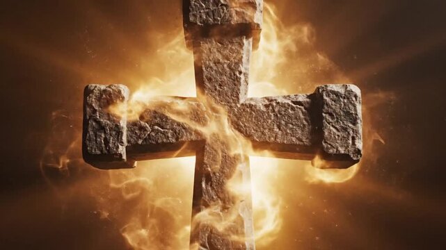 Ancient stone cross illuminated by divine light and ethereal flames on Good Friday, symbolizing faith and sacrifice