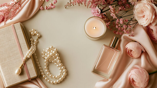 Elegant journal with pearl accessories perfume candle and flowers on cream background for self worth confidence manifestation