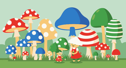 Fototapeta premium colorful cartoon mushrooms in a whimsical forest scene