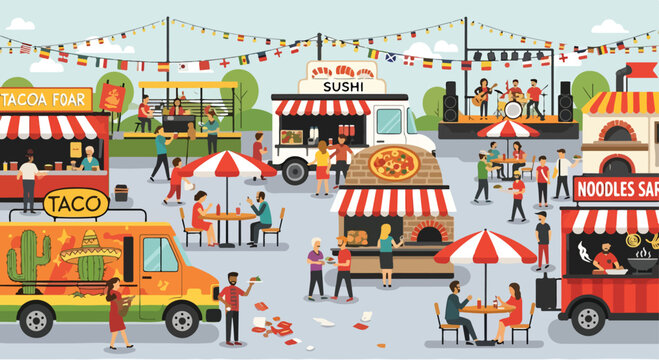 A vibrant outdoor food festival with various food trucks and people