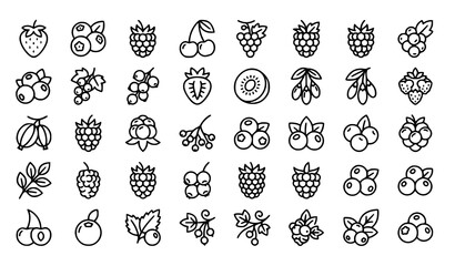 Editable Stroke Berry and Fruit Line Icon Collection with Strawberry Cherry Grape and Blueberry Symbols © MDNOYON