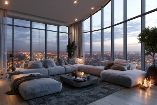 luxurious living room with city skyline views