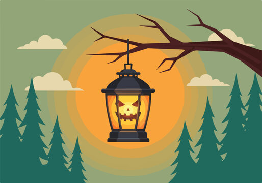 A spooky lantern hangs from a tree branch