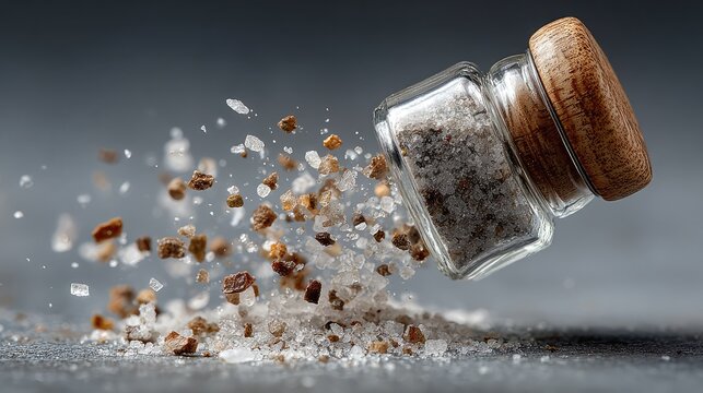 Levitating glass salt shaker spilling coarse sea salt and peppercorns with dynamic motion blur against a dark moody grey background for culinary advertising