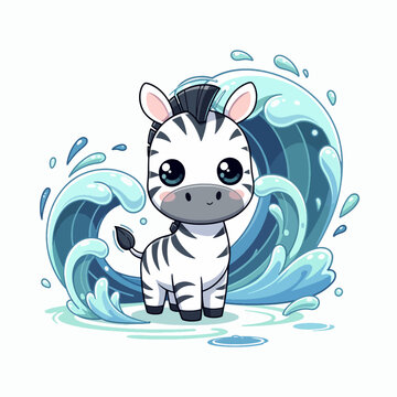 Cute cartoon zebra emerging from water splash