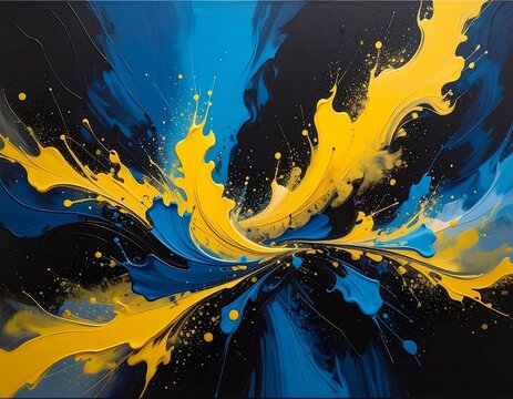 Abstract artwork showcasing a swirling explosion of yellow and blue against a dark backdrop