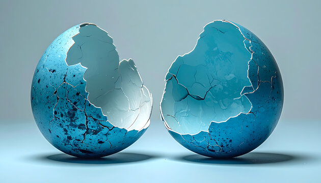 Cracked open blue eggshell with sparkling interior, symbolizing new beginnings and fragility, on a soft blue background