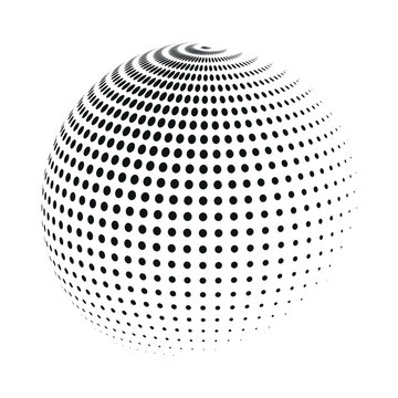 abstract halftone dot sphere vector, 3d dotted globe logo element on white background