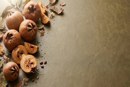 Ripe common medlar fruits with cut slices, seeds, and dried leaves on textured olive background