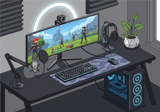A well-equipped gaming setup with a large monitor and peripherals