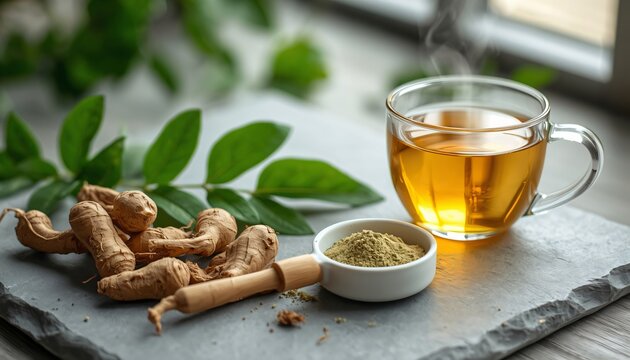 Raw licorice roots on a slate plate with herbal ground powder in a small dish and a glass cup of hot steaming tea.