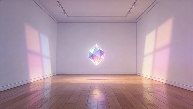 Generative AI creates a luminous geometric shape floating in an empty gallery