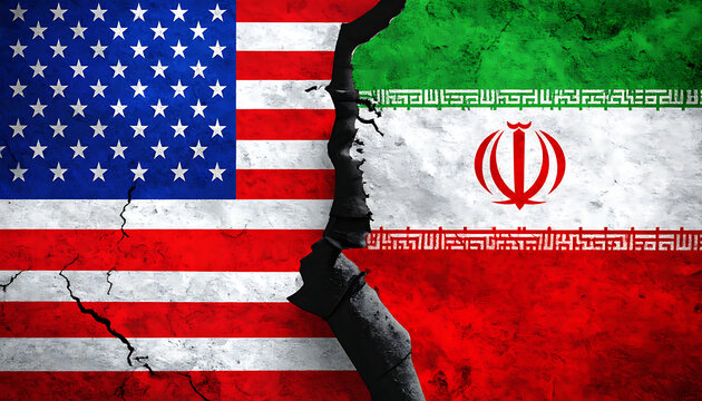 Cracked US and Iran flags symbolize diplomatic tension, political conflict, international relations, broken trust