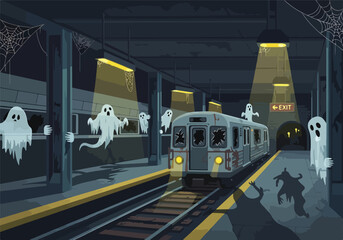 A spooky subway scene with ghosts and a train © Luffy