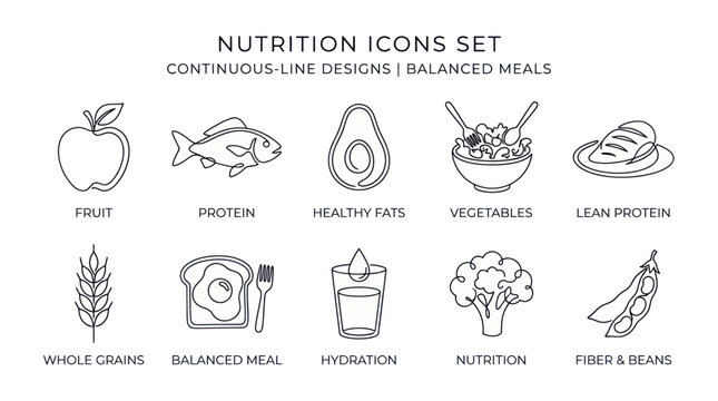 Continuous Line Art Nutrition and Balanced Meal Icons Set