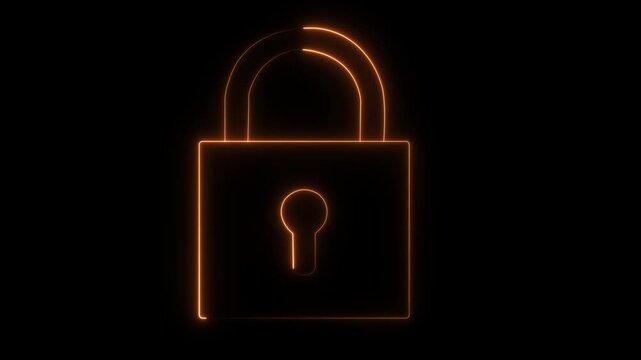 Animated neon glowing padlock symbolizing digital security, cyber protection, data privacy, and secure access control, featuring a pulsing orange light effect on a deep black background, 