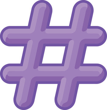 Purple hashtag symbol with rounded edges and soft highlights, isolated on a white background, violet sign