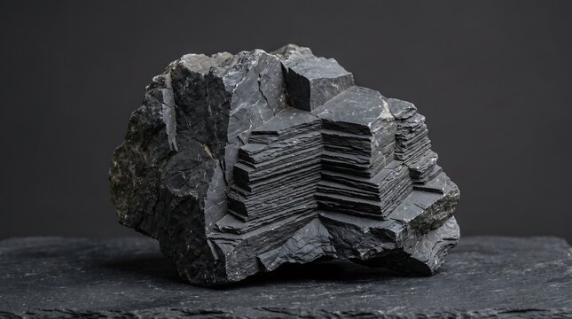 Studio Photos of a Dark Textured Serpentine Rock Mineral Specimen with Sharp Geometric Layers
