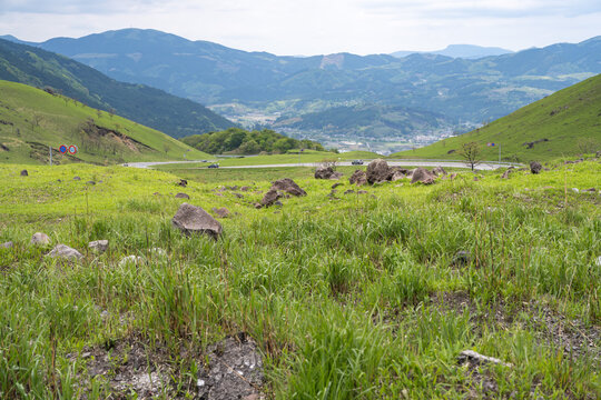 Yufuin Basin and Road Viewed from Foot of Mount Yufu, Oita, Japan