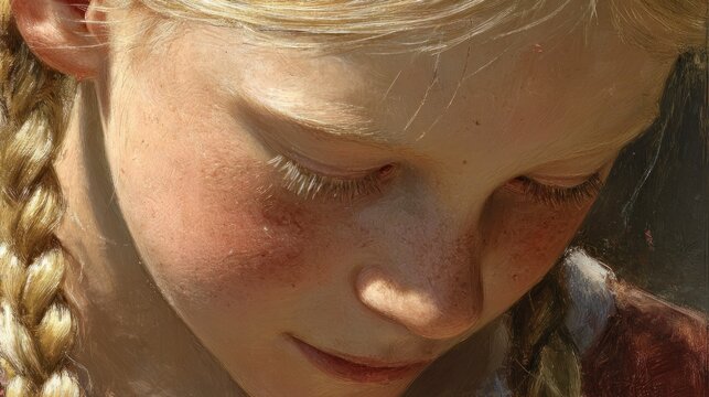 Detailed  depiction of a young girl's thoughtful expression with blonde braided hair
