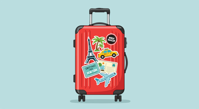 A red suitcase with travel stickers