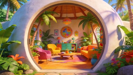 Naklejka premium Generative AI illustrates a vibrant tropical cabana interior