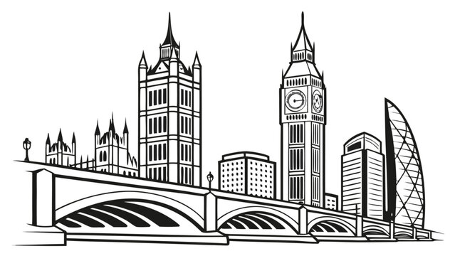 Vector illustration of the london cityscape featuring big ben and bridge over the river landmark historic