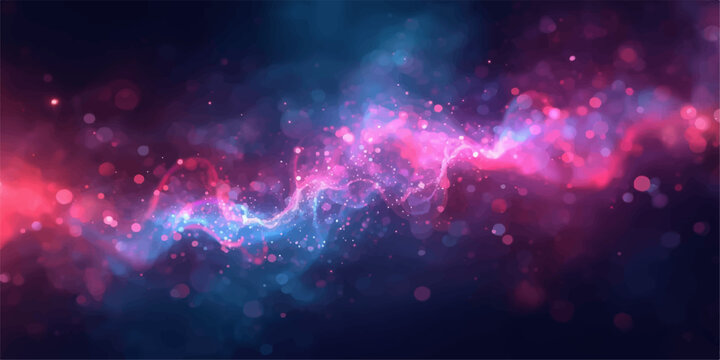 Colorful abstract lights with dancing crowd on stage in cosmic space nebula night background