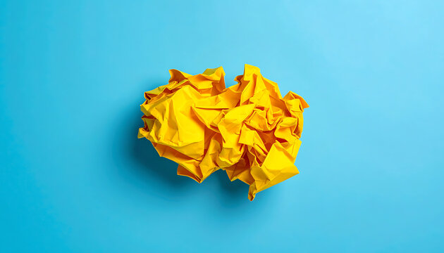 Crumpled yellow paper ball on a bright blue background, representing ideas, creativity, or discarded concepts, overhead shot