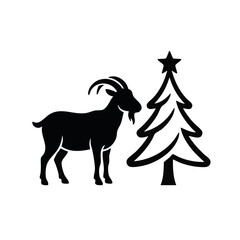 Fototapeta premium Goat near Christmas tree silhouette. Festive holiday and farm animal vector illustration. Winter season and Christmas celebration logo isolated