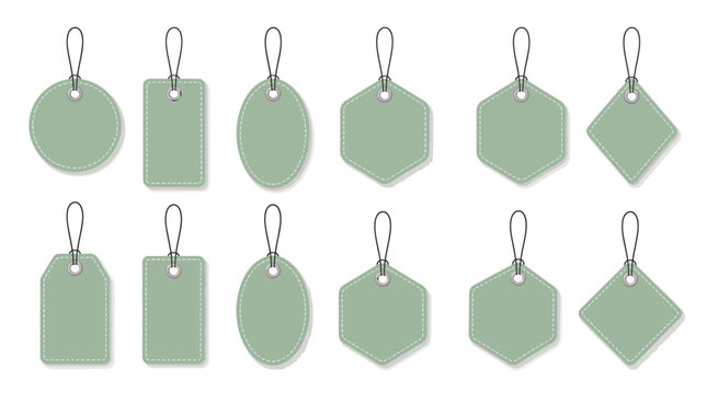 Set of green blank paper price tags and hanging gift labels with realistic stitches on white background, perfect for product branding, retail price display and packaging design