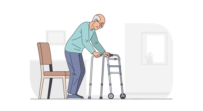 Elderly Man Using Walker For Support In Healthcare Setting