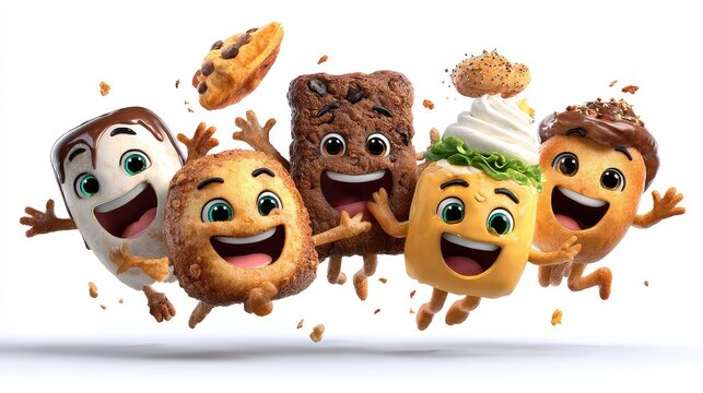 Happy cartoon food characters jumping together with joyful expressions featuring cookies brownies and sweet treats floating against a clean white studio background